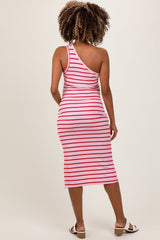 Pink Striped One Shoulder Side Slit Maternity Midi Dress