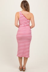 Pink Striped One Shoulder Side Slit Midi Dress