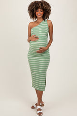 Light Olive Striped One Shoulder Side Slit Maternity Midi Dress