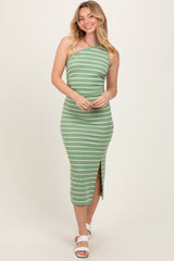 Light Olive Striped One Shoulder Side Slit Maternity Midi Dress