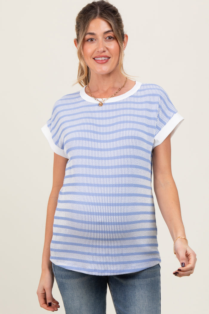 Blue Textured Striped Maternity Short Sleeve Top