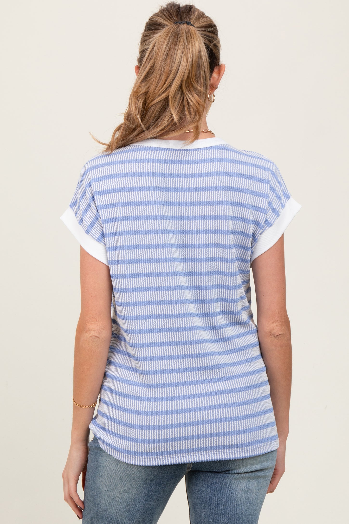 Blue Textured Striped Maternity Short Sleeve Top