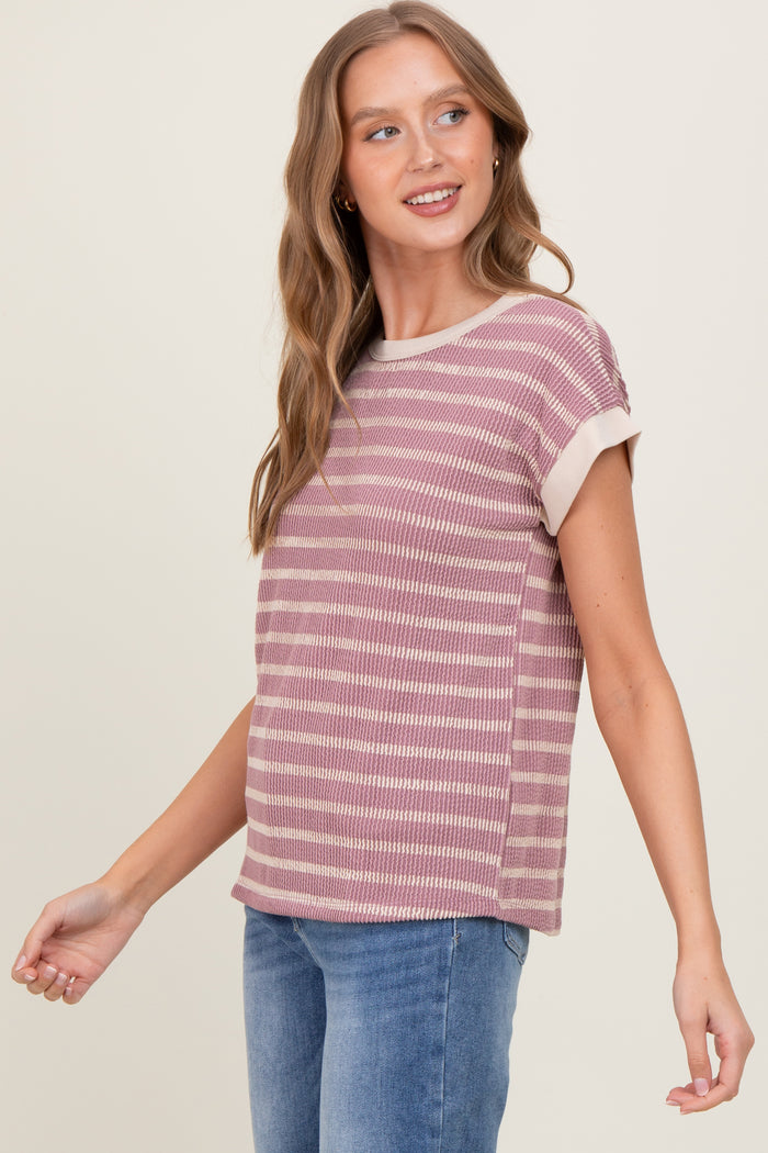 Mauve Textured Striped Short Sleeve Top