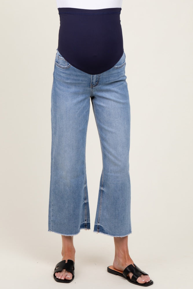 Blue Raw Hem Cropped Wide Leg Maternity Jeans
