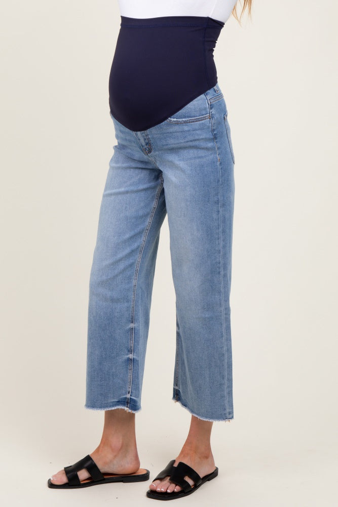 Blue Raw Hem Cropped Wide Leg Maternity Jeans