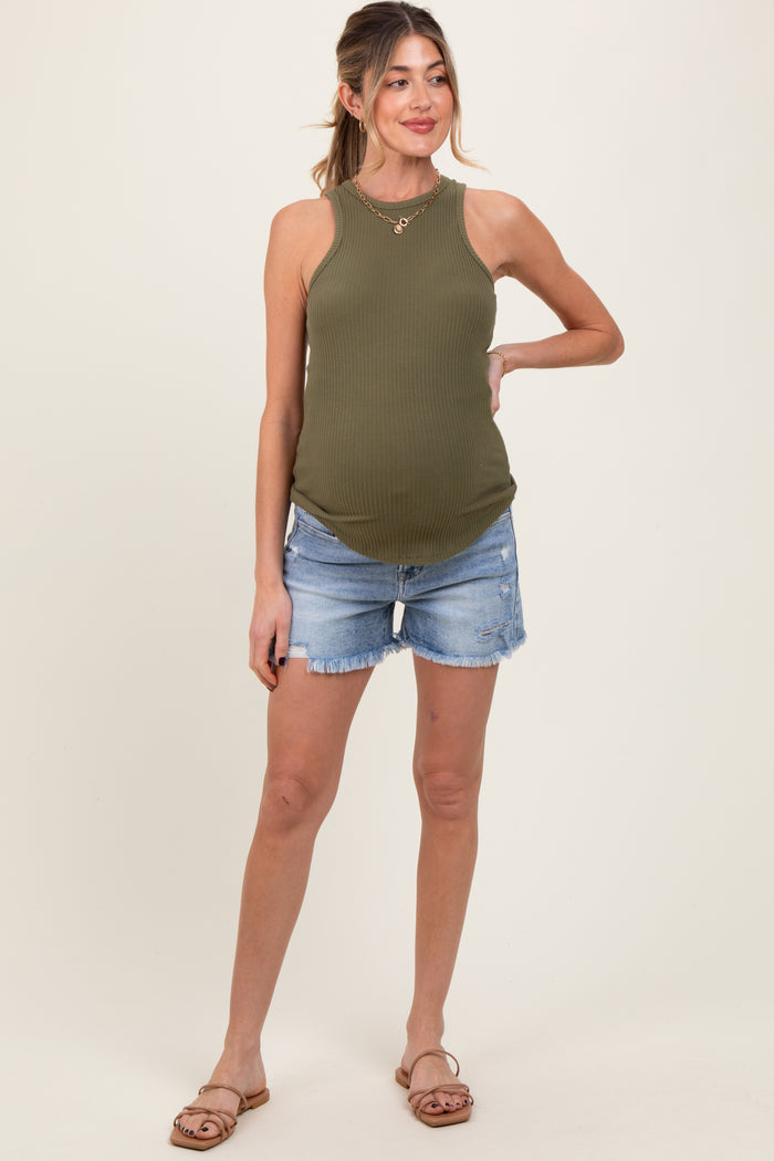 Light Blue Distressed Fringe Hem Maternity Shorts
