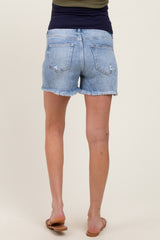 Light Blue Distressed Fringe Hem Maternity Shorts