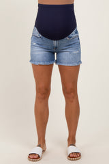 Blue Distressed Fringe Hem Maternity Denim Shorts