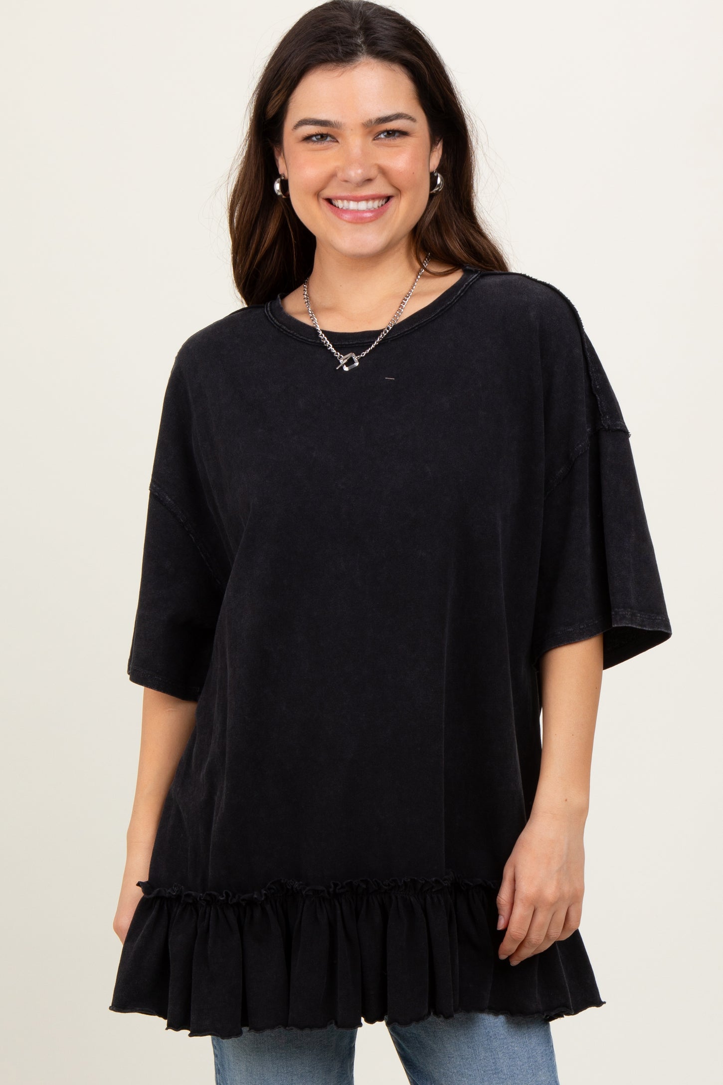 Black Relaxed Ruffled Tunic Maternity Top