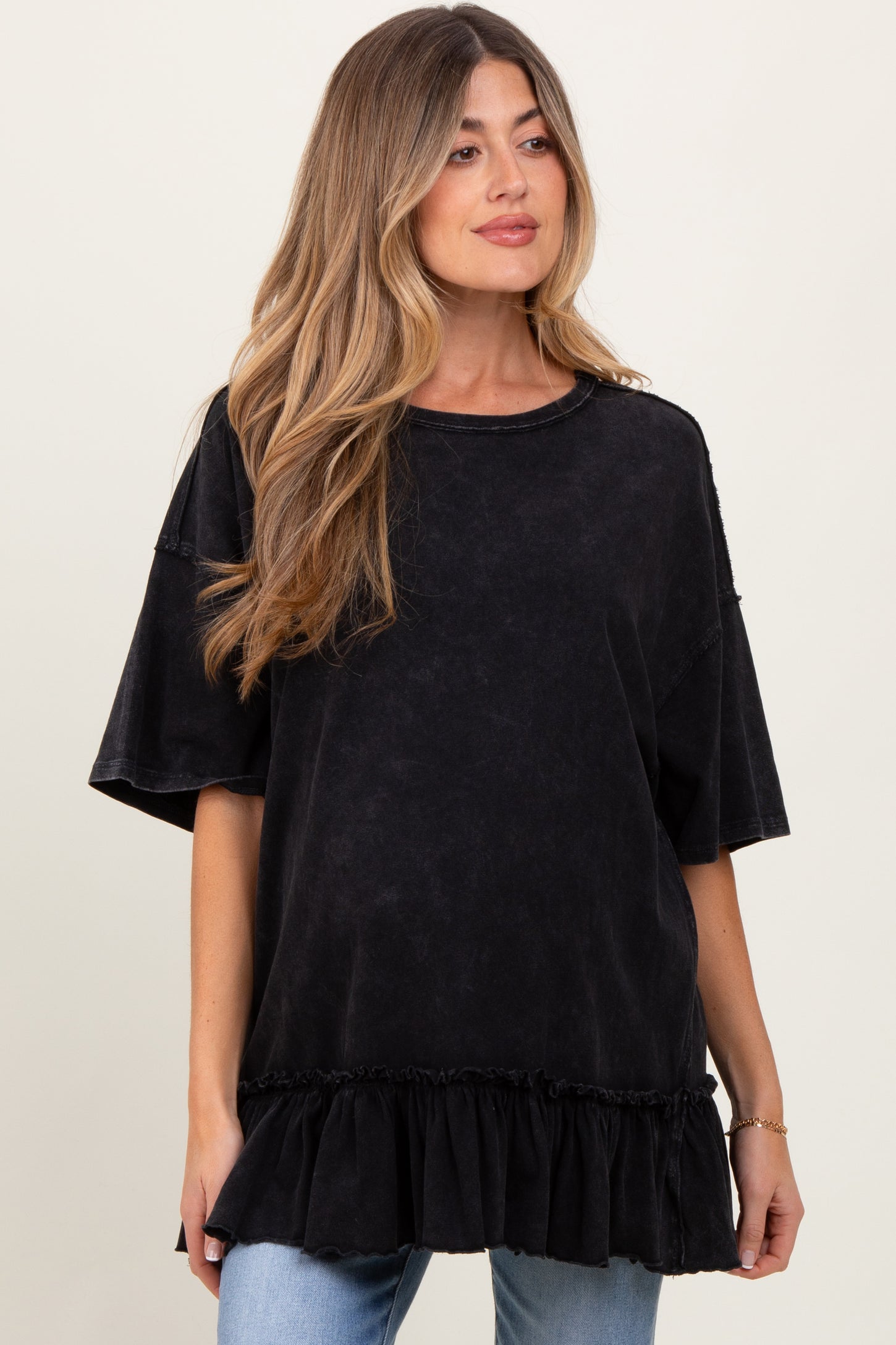 Black Relaxed Ruffled Tunic Maternity Top