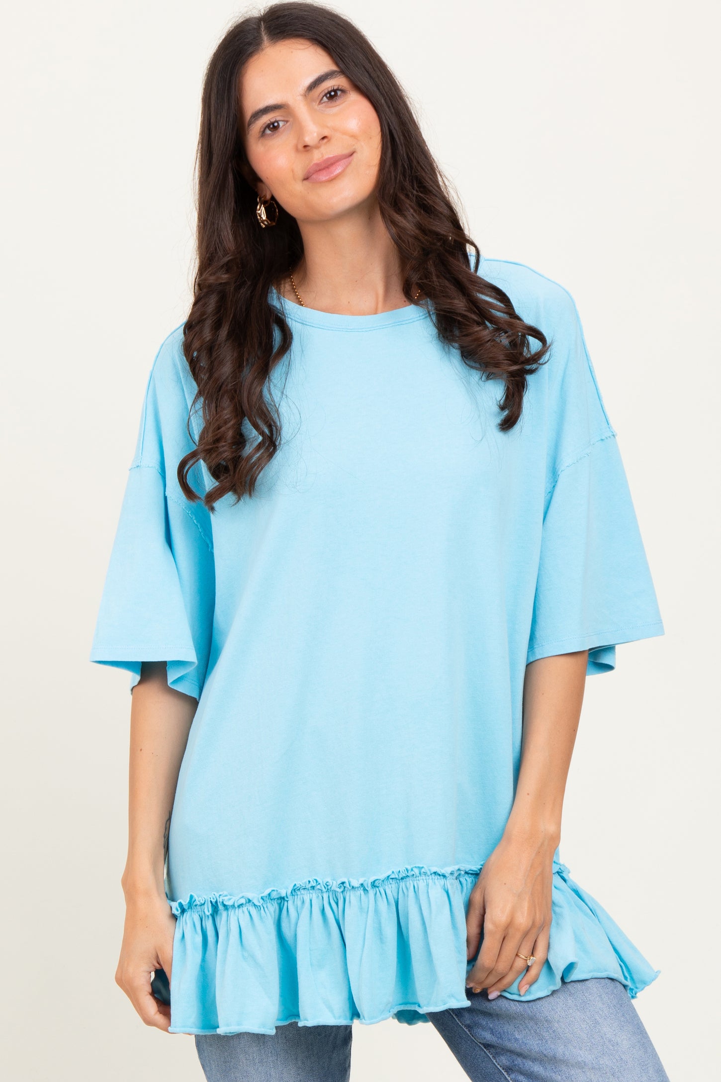 Aqua Relaxed Ruffled Tunic Top