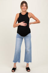 Light Blue Fringe Hem Cropped Straight Leg Maternity Jeans