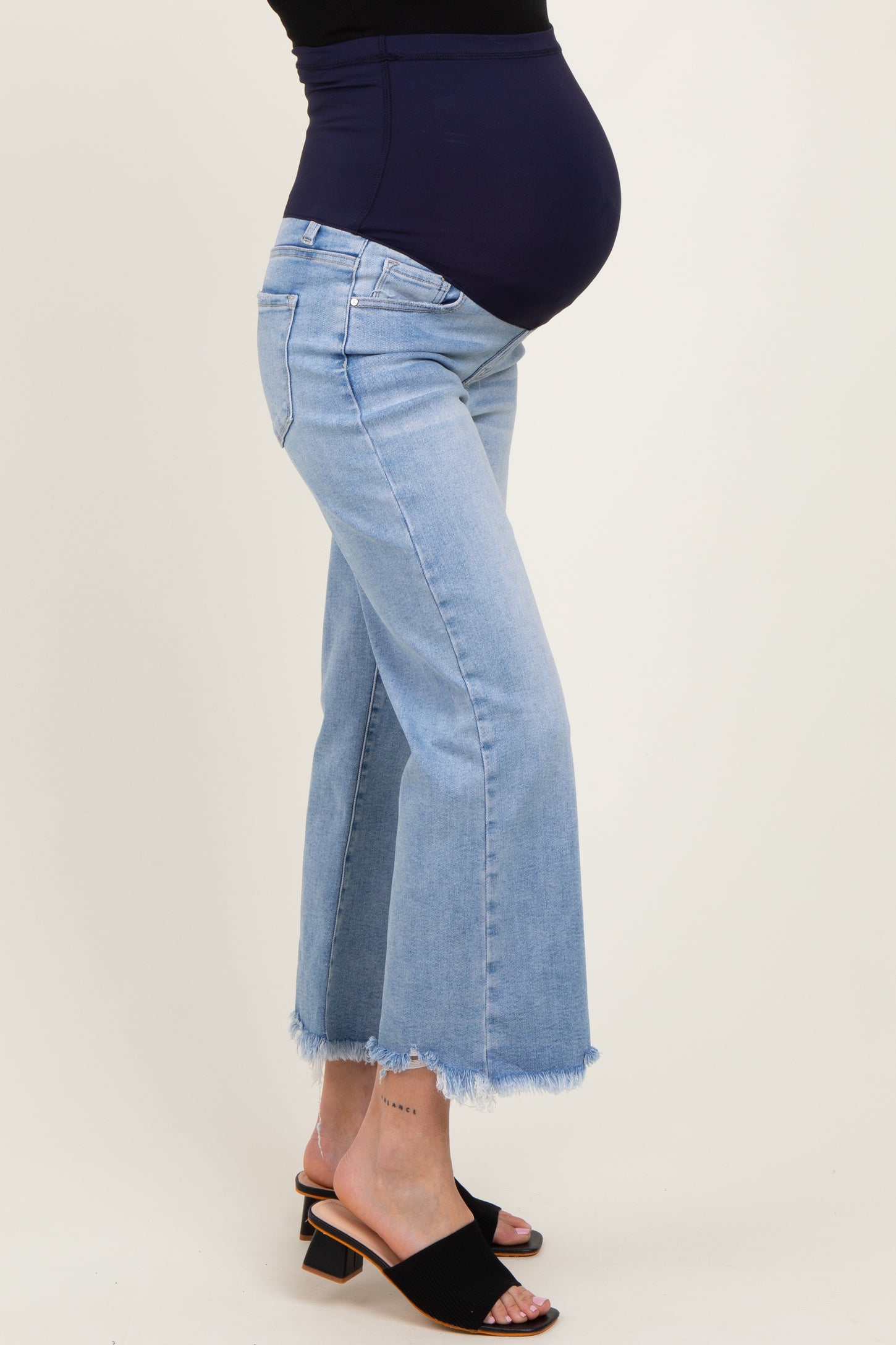 Light Blue Fringe Hem Cropped Straight Leg Maternity Jeans