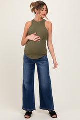 Navy Distressed Raw Hem Wide Leg Maternity Jeans