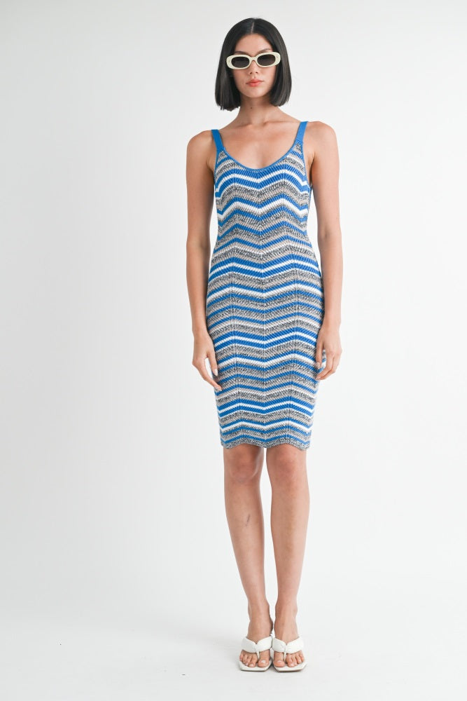 Blue Chevron Knit Fitted Midi Dress