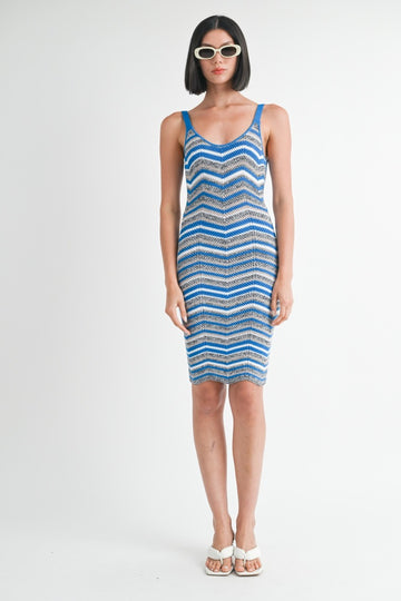 Blue Chevron Knit Fitted Midi Dress