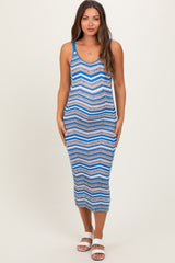 Blue Chevron Knit Fitted Maternity Midi Dress