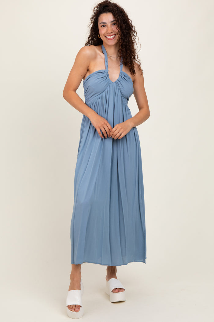 Blue Halter Neck Side Slit Midi Dress
