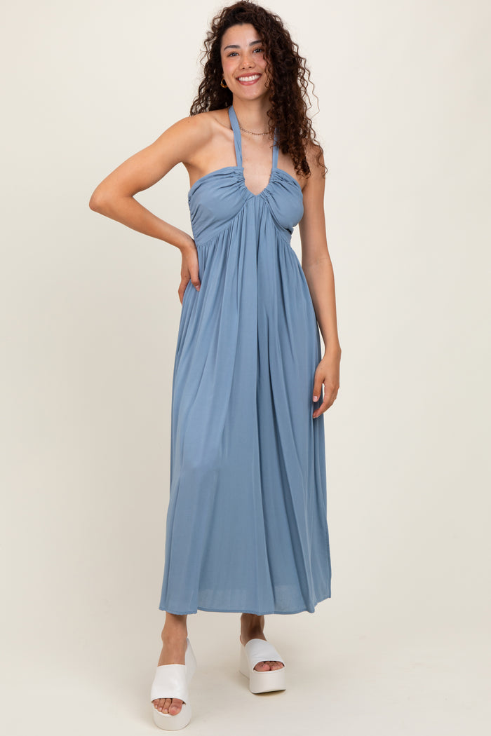 Blue Halter Neck Side Slit Midi Dress