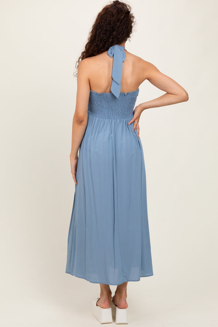 Blue Halter Neck Side Slit Midi Dress