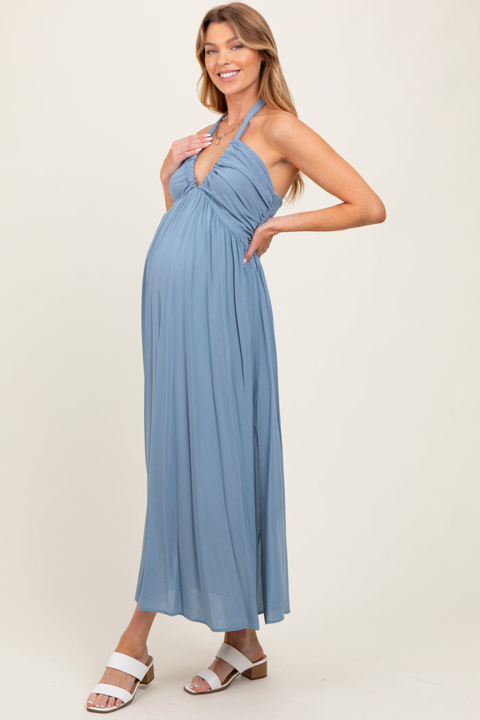 Blue Halter Neck Side Slit Maternity Midi Dress