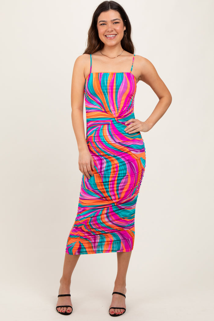 Multicolor Abstract Print Ruched Fitted Maternity Midi Dress