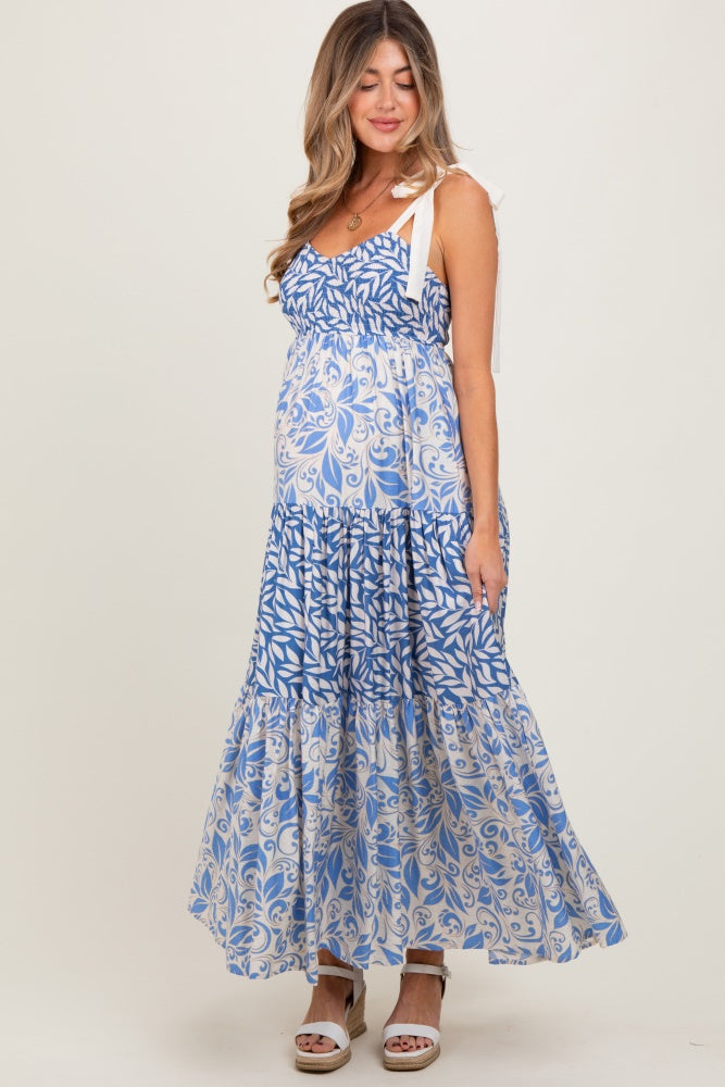 Blue Leaf Print Smocked Shoulder Tie Tiered Maternity Maxi Dress