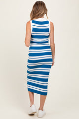 Blue Striped Knit Sleeveless Polo Maternity Midi Dress