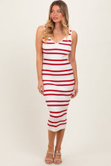 Red Striped Ribbed Knit Sleeveless Midi Dress