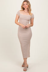 Mocha Striped Ribbed Off Shoulder Midi Dress