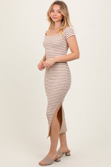 Mocha Striped Ribbed Off Shoulder Midi Dress