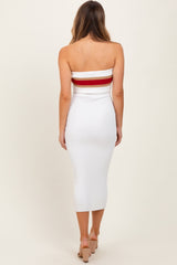 Ivory Ribbed Knit Striped Strapless Fitted Midi Dress