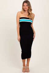 Black Ribbed Knit Striped Strapless Fitted Midi Dress