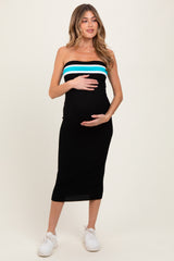 Black Ribbed Knit Striped Strapless Fitted Maternity Midi Dress