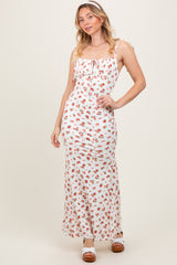 Red Ribbed Floral Shoulder Tie Maxi Dress