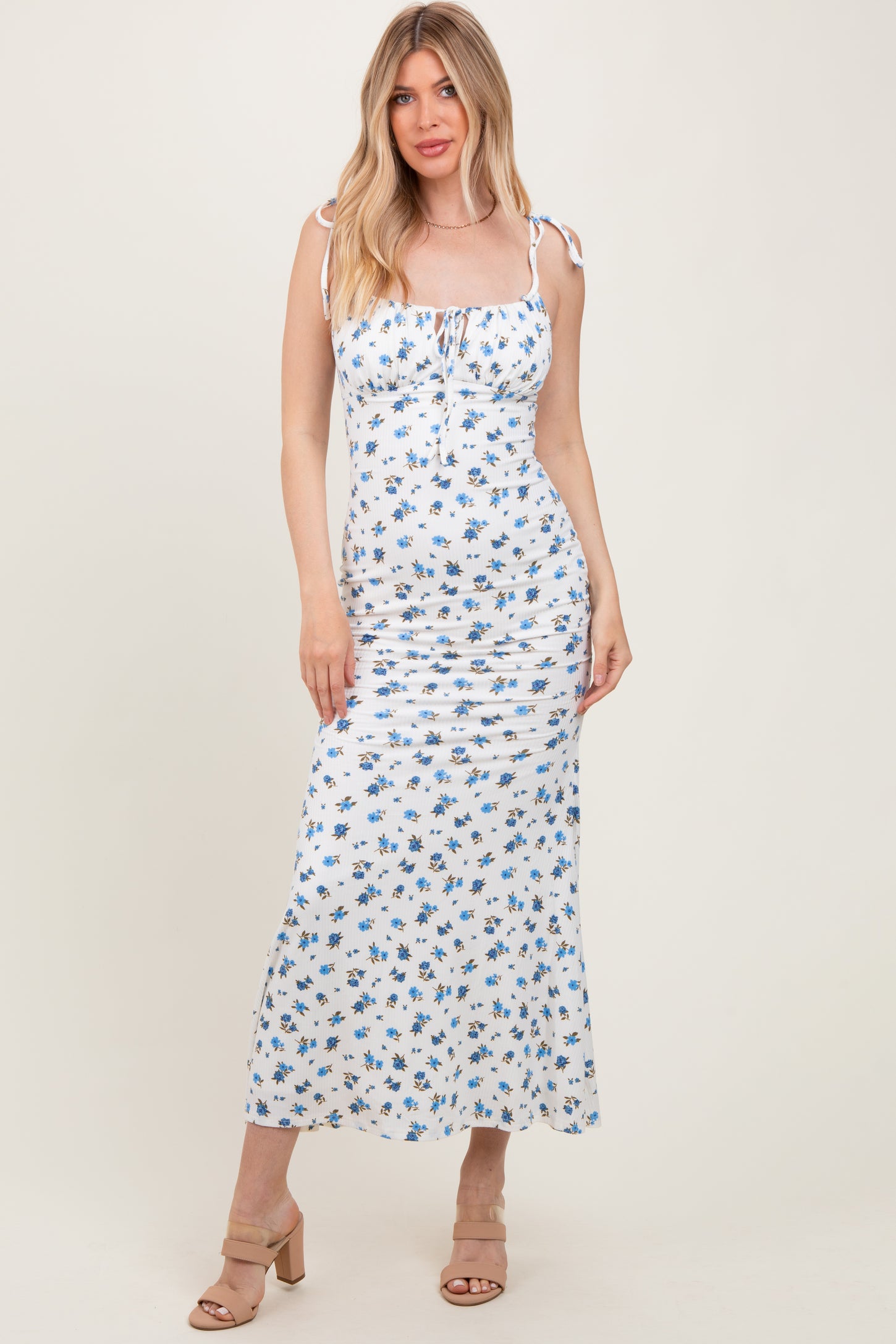 Blue Ribbed Floral Shoulder Tie Maternity Maxi Dress