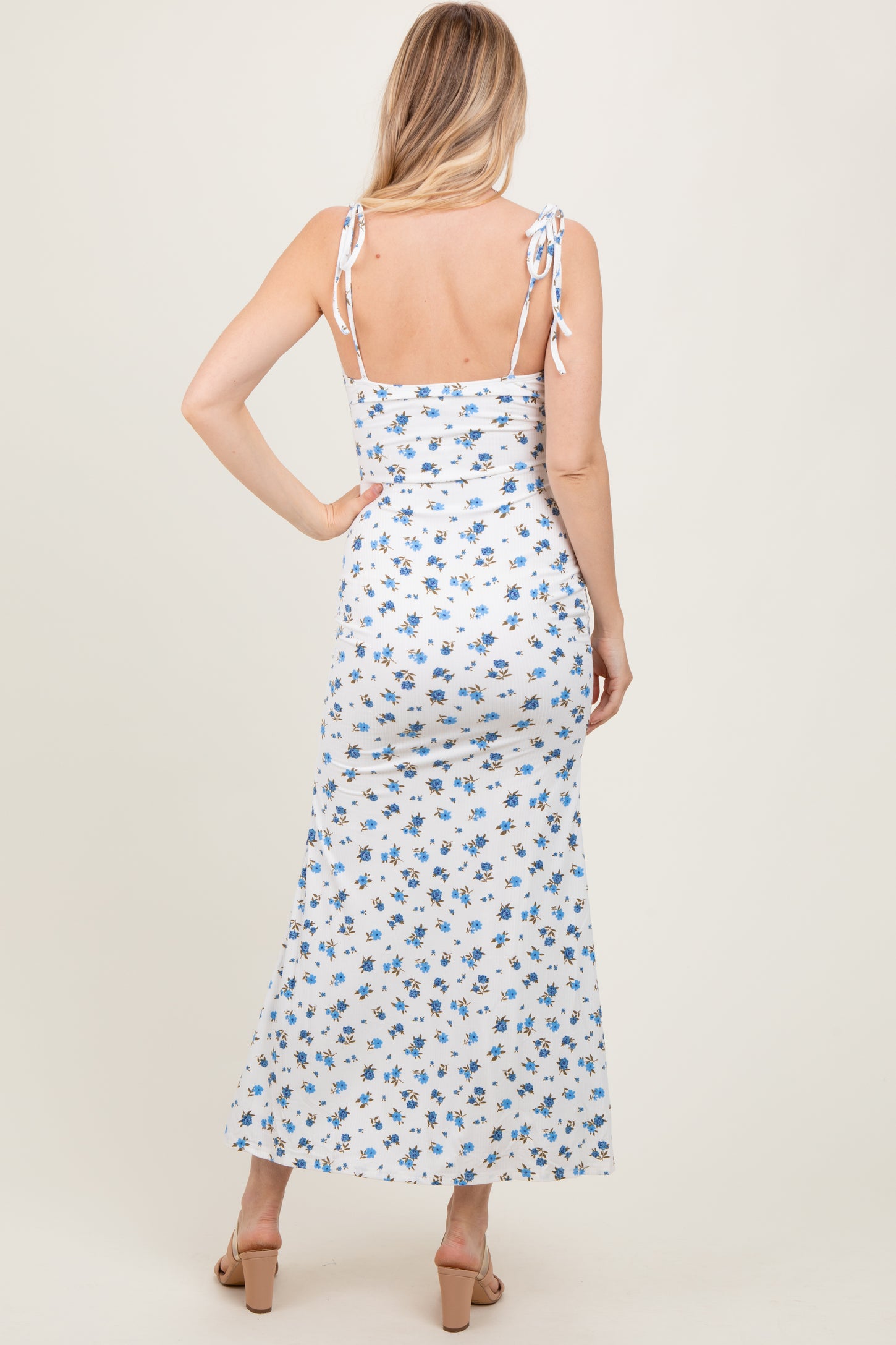 Blue Ribbed Floral Shoulder Tie Maxi Dress