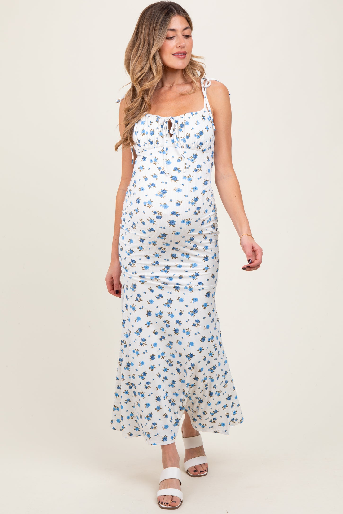 Blue Ribbed Floral Shoulder Tie Maternity Maxi Dress