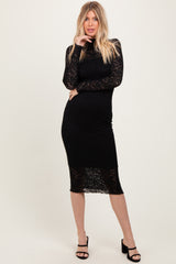 Black Lace Overlay Long Sleeve Fitted Maternity Midi Dress
