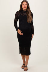 Black Lace Overlay Long Sleeve Fitted Maternity Midi Dress