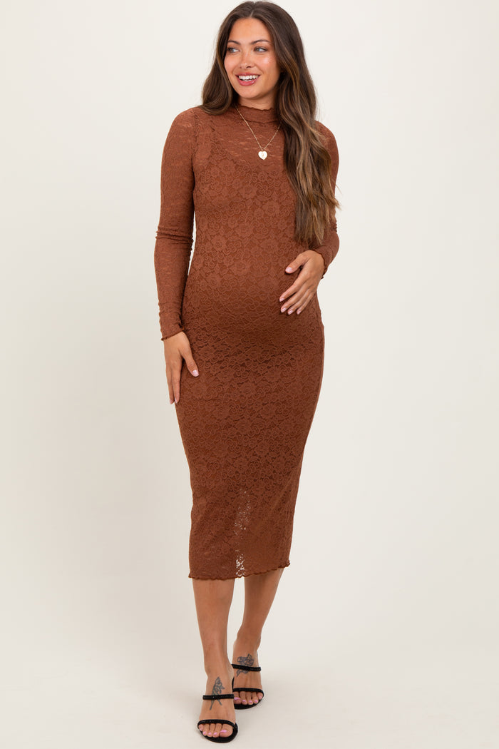 Brown Lace Overlay Long Sleeve Fitted Maternity Midi Dress
