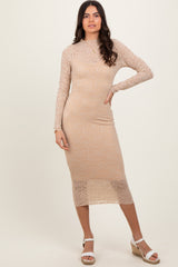 Cream Lace Overlay Long Sleeve Fitted Midi Dress