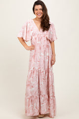 Pink Floral Short Sleep Deep V-Neck Tiered Maxi Dress