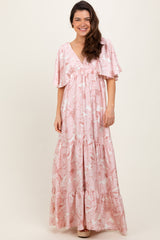 Pink Floral Short Sleep Deep V-Neck Tiered Maxi Dress