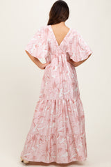 Pink Floral Short Sleep Deep V-Neck Tiered Maxi Dress