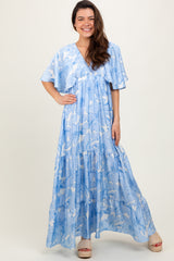 Light Blue Floral Short Sleep Deep V-Neck Tiered Maxi Dress