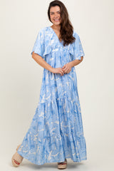 Light Blue Floral Short Sleep Deep V-Neck Tiered Maxi Dress