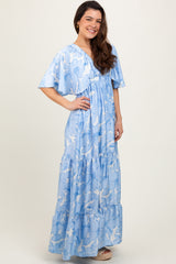 Light Blue Floral Short Sleep Deep V-Neck Tiered Maxi Dress