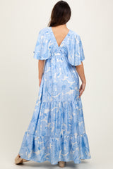 Light Blue Floral Short Sleep Deep V-Neck Tiered Maxi Dress