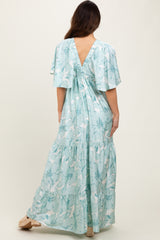 Sage Floral Short Sleep Deep V-Neck Tiered Maxi Dress